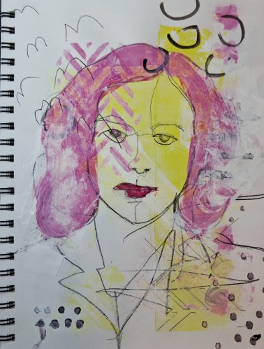 An abstract painting of a young woman done in pink, yellow and black.