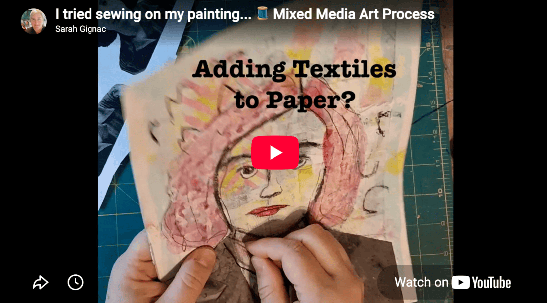 Screenshot of video, hand sewing on a painting